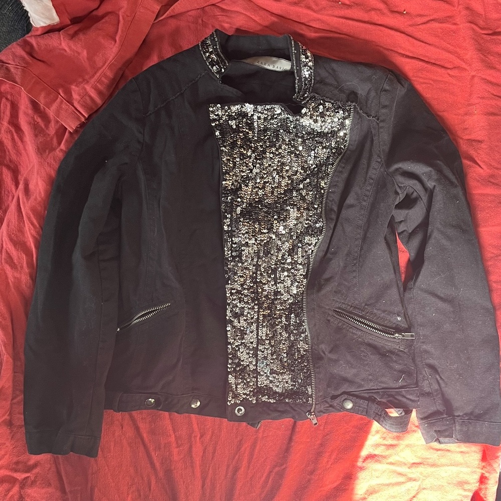 Black Cotton Sequined Asymmetrical Zara Jacket Size ?Large